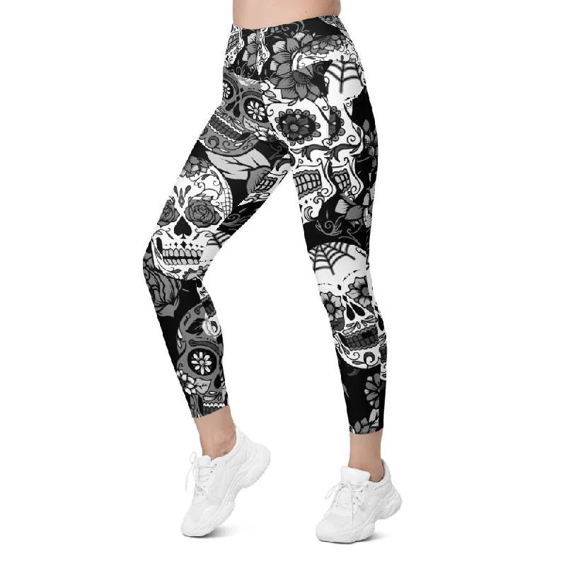 Quick-Dry Yoga Pants for Women -Black & White Sugar Skull Leggings with Pockets