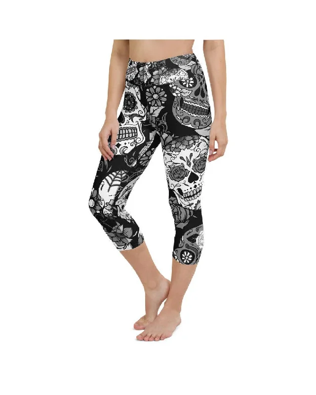 Performance Yoga Pants -Black & White Sugar Skull Yoga Capris