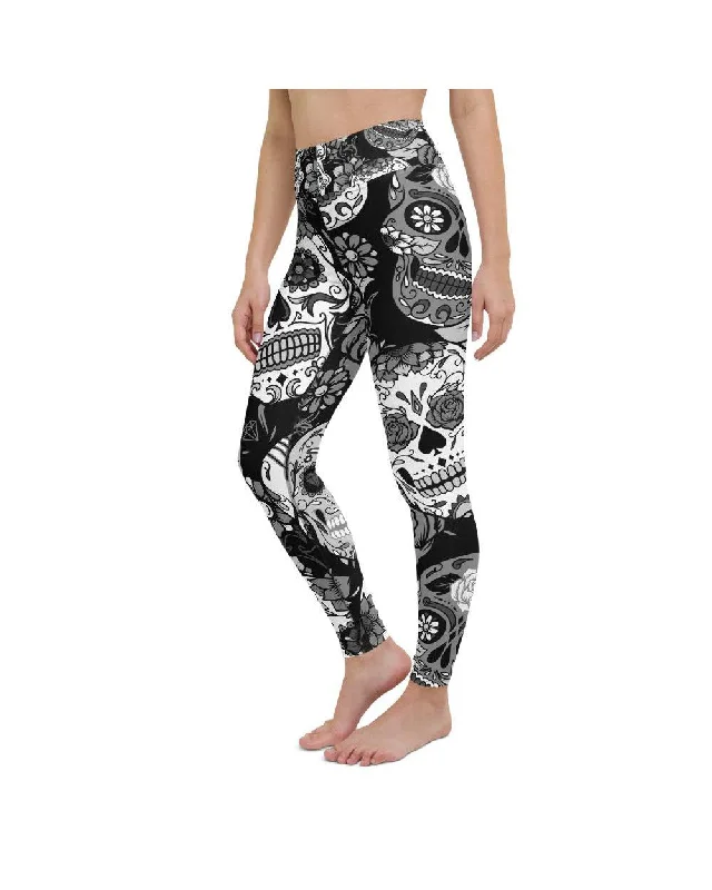 Comfortable Full-Length Yoga Pants -Black & White Sugar Skull Yoga Pants