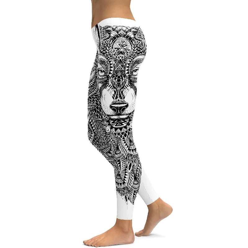 Eco-Friendly Yoga Pants -Black & White Zentangle Wolf Leggings