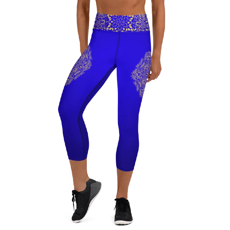 Yoga Pants for Full Coverage and Comfort -Blue and Gold Mandala High Waist Yoga Capri Leggings Yoga Pants for Full Coverage and Comfort -Blue and Gold Mandala High Waist Yoga Capri Leggings