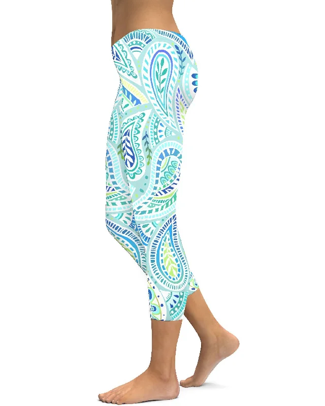 Yoga Pants for Supportive Workouts -Blue and Green Paisley Capris