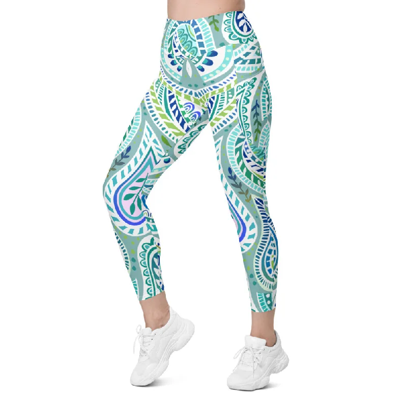 Full-Length Yoga Pants with Stretch -Blue and Green Paisley Leggings with Pockets
