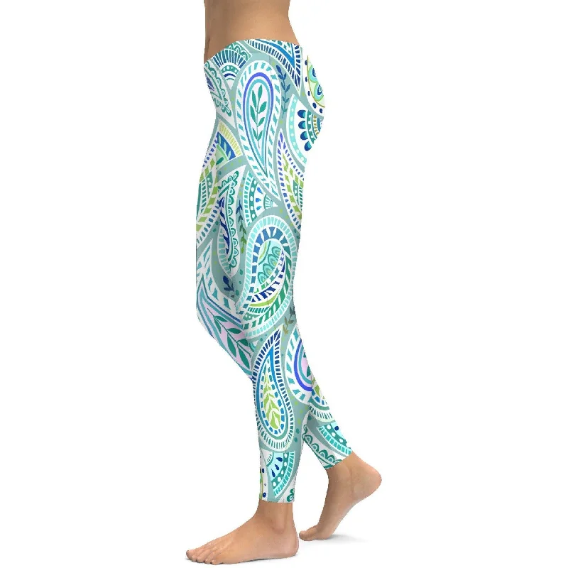 Full-Length Yoga Pants with High Waist -Blue and Green Paisley Leggings