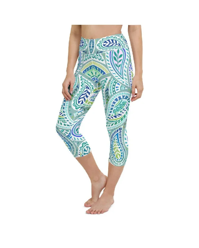 Best High-Waisted Yoga Pants -Blue and Green Paisley Yoga Capris