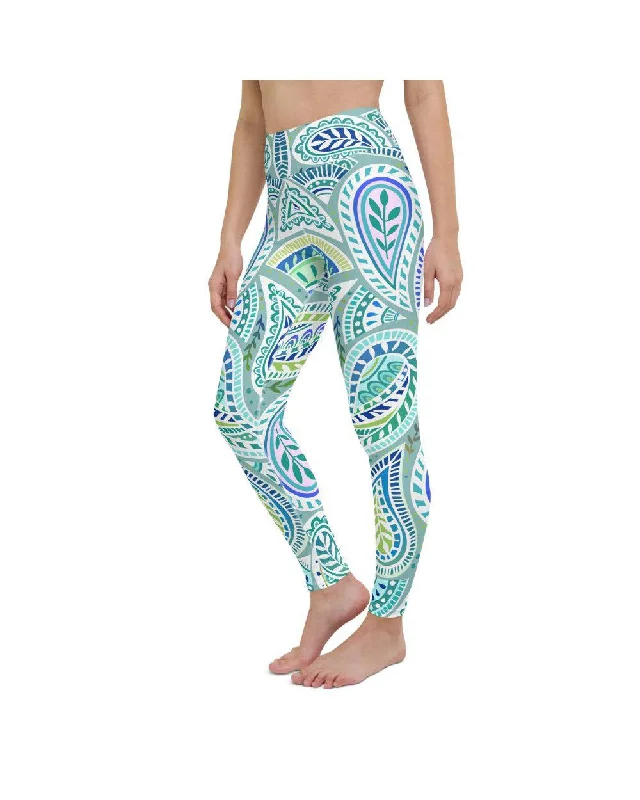 Full Fit Yoga Pants for All Practices -Blue and Green Paisley Yoga Pants