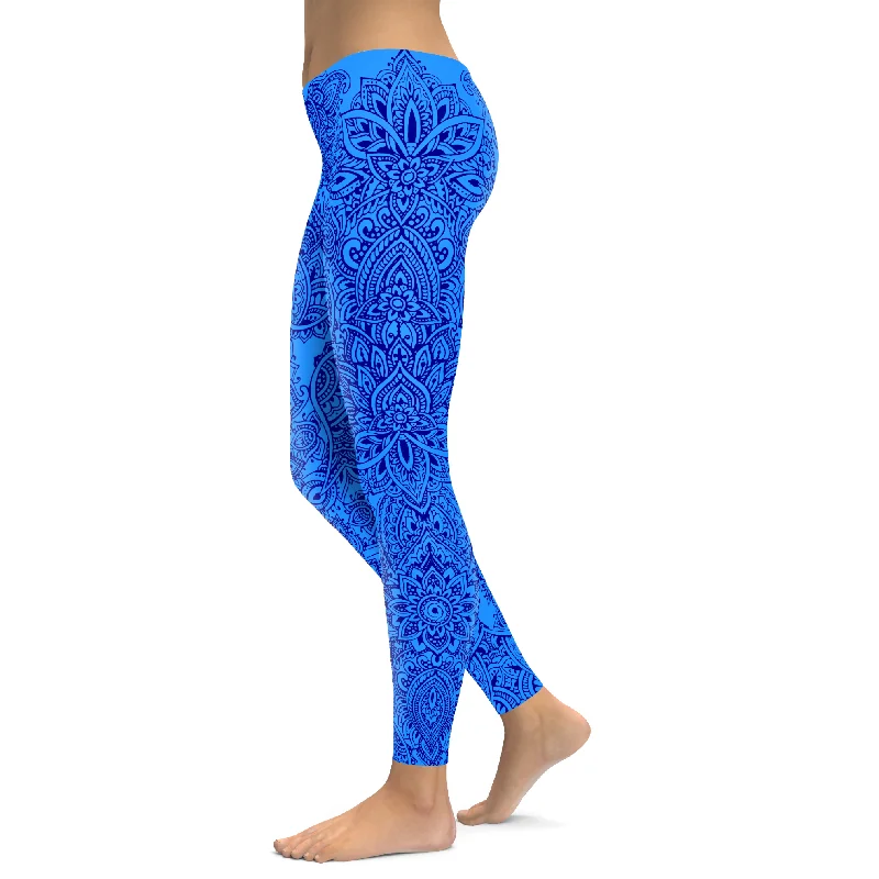 Comfortable Full-Length Yoga Pants for Stretching -Blue and Navy Henna Tattoo Leggings