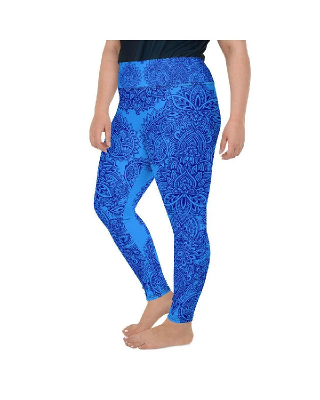 Seamless Yoga Pants -Blue and Navy Henna Tattoo Plus Size Leggings