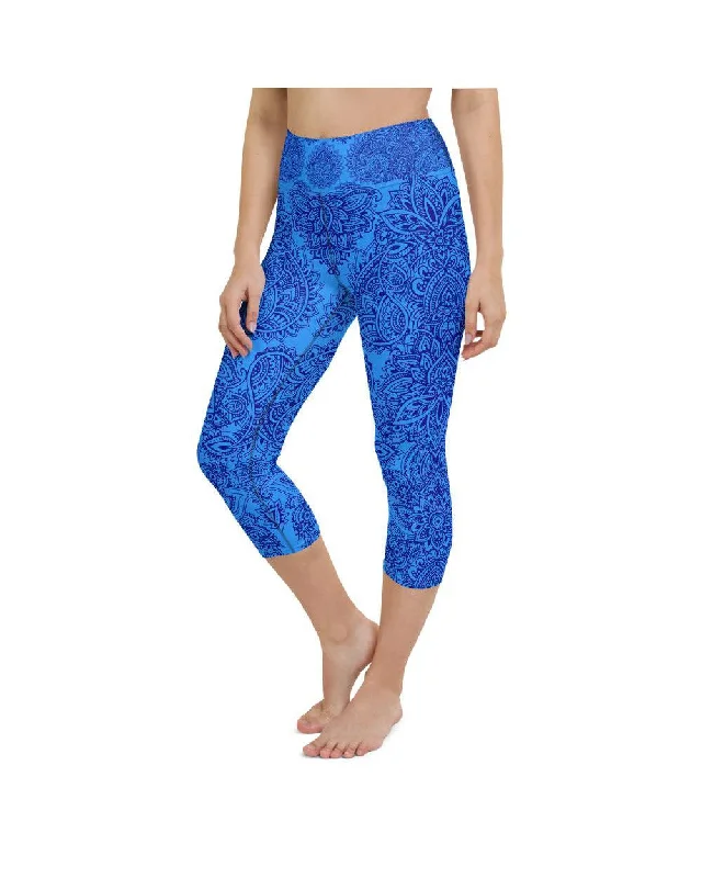 Yoga Pants for Stretching -Blue and Navy Henna Tattoo Yoga Capris
