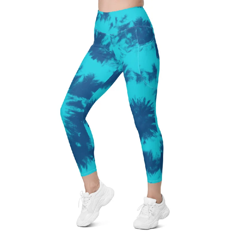 Full-Length Compression Yoga Pants -Blue & Aqua Tie Dye Leggings with Pockets
