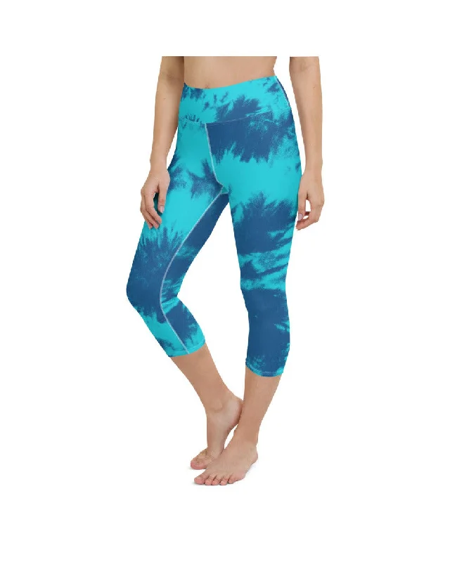 Premium Yoga Pants for Comfort -Blue & Aqua Tie Dye Yoga Capris