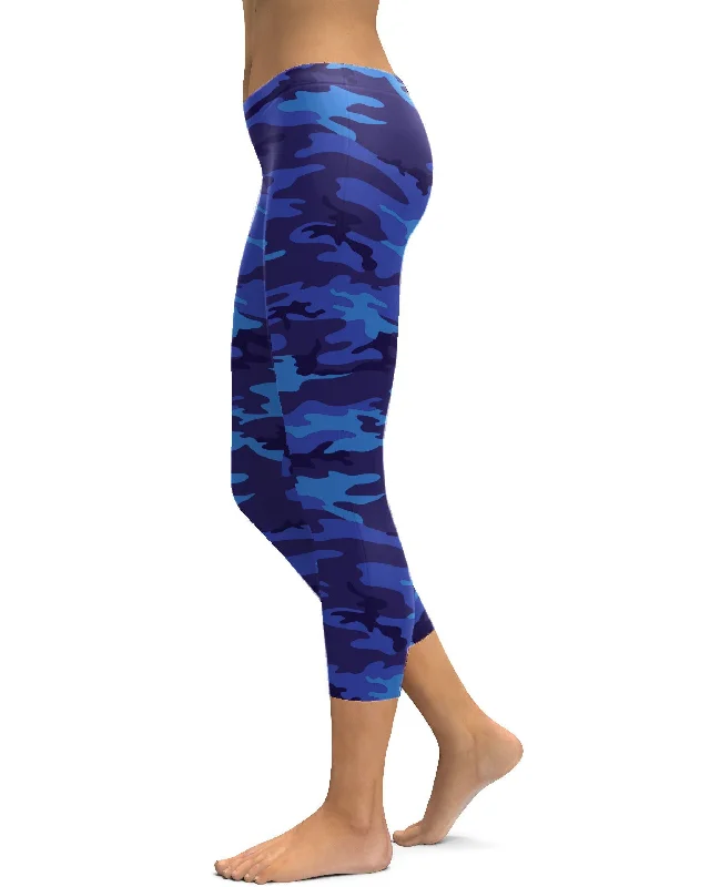 Yoga Pants with 4-Way Stretch -Blue Camo Capris