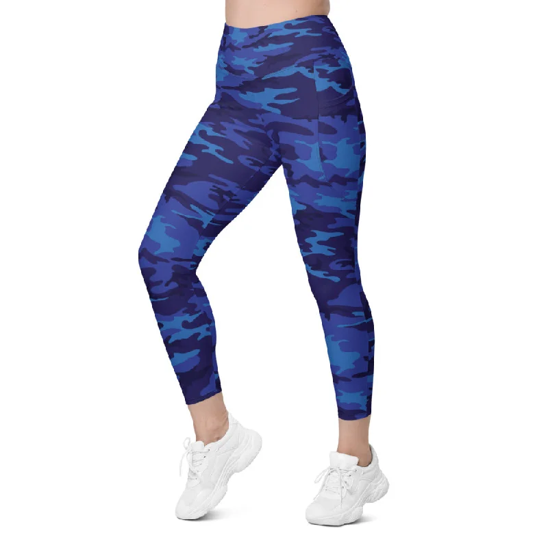 Comfortable Full-Length Yoga Pants -Blue Camo Leggings with Pockets