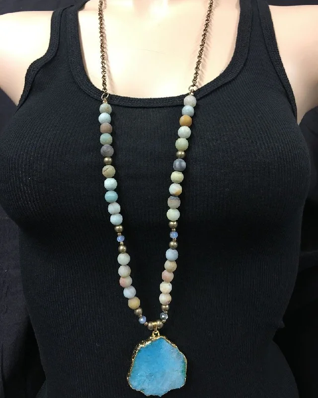 Yoga Shorts for Daily Wear -Blue Druzy Necklace, Amazonite stones on brass chain