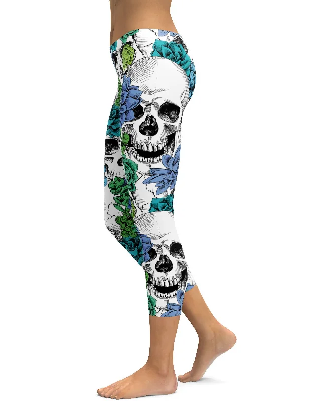 Comfortable Full-Length Yoga Pants -Blue Floral Skulls Capris