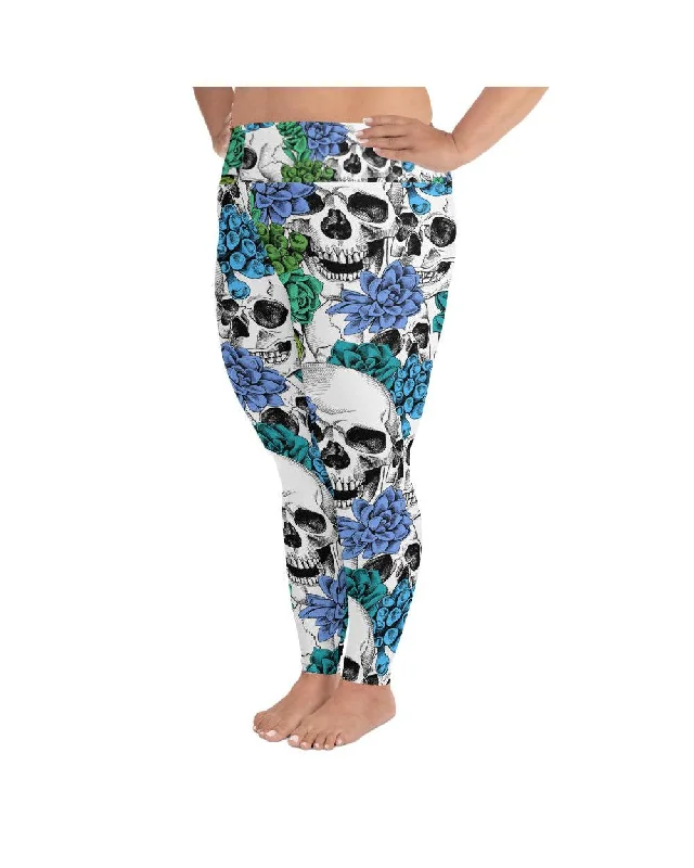 Yoga Pants for Flexibility and Strength -Blue Floral Skulls Plus Size Leggings