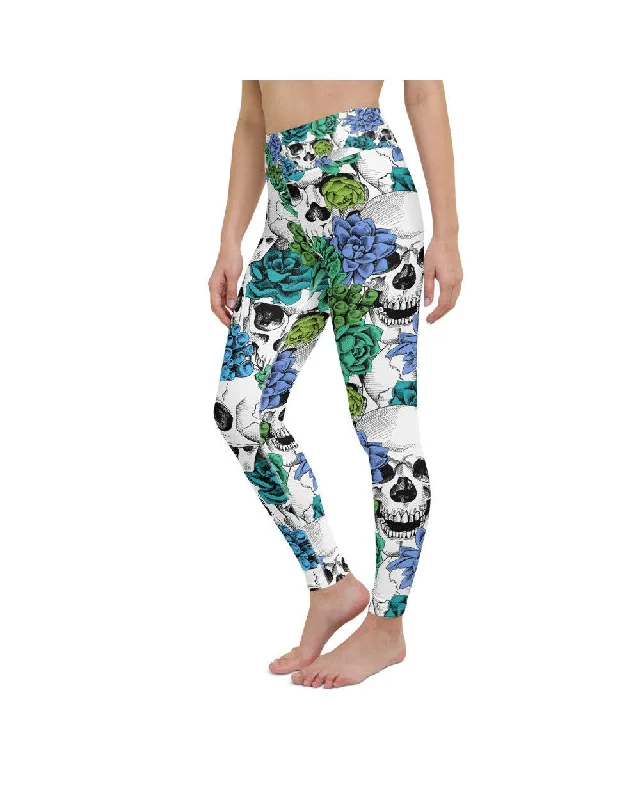 Comfortable Leggings for Yoga -Blue Floral Skulls Yoga Pants