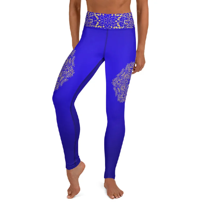 Yoga Pants for Running -Blue & Gold Mandala High Waist Womens Yoga Leggings