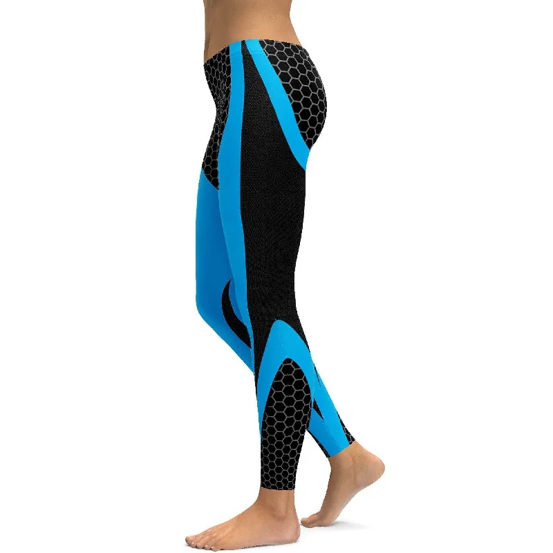 Soft Yoga Pants with Supportive Waist -Blue Honeycomb Carbon Leggings