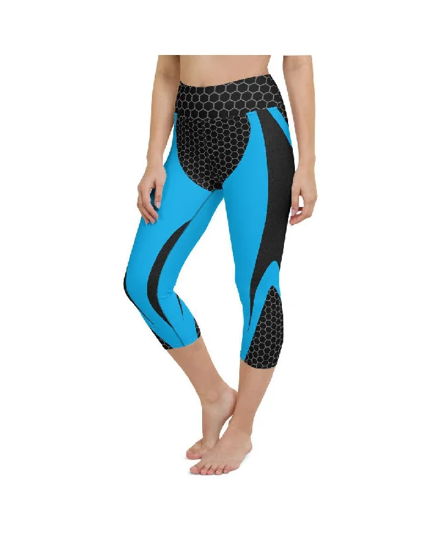 Stylish and Functional Yoga Pants -Blue Honeycomb Carbon Yoga Capris