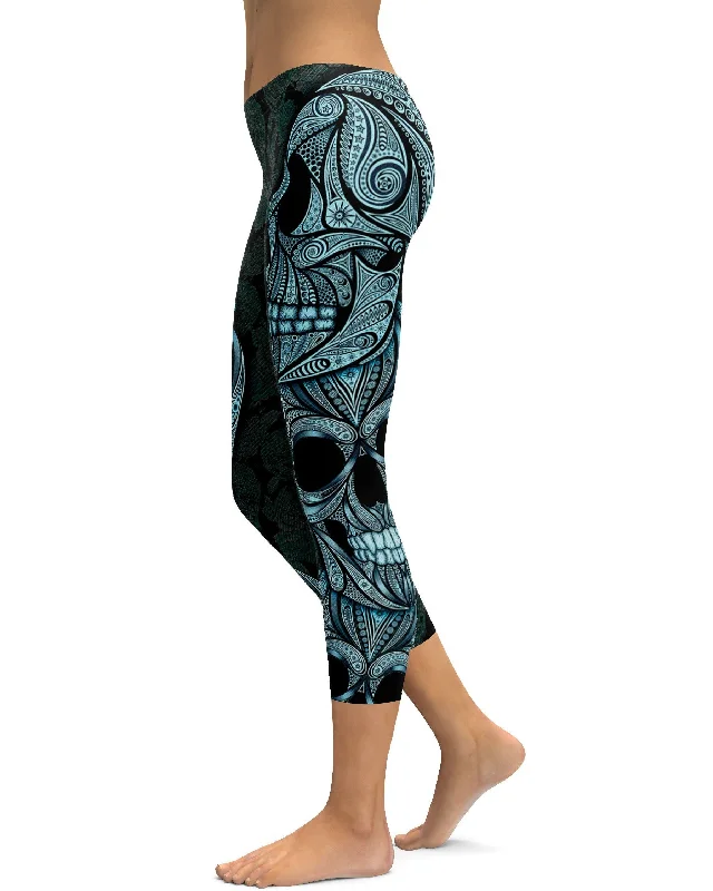 Supportive Yoga Pants for Active Lifestyles -Blue Ornamental Skull Capris