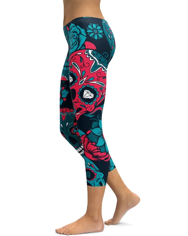 Yoga Pants for Stretching -Blue Sugar Skull Capris