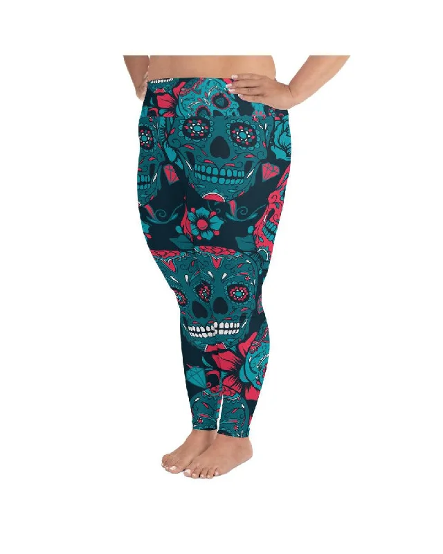 Yoga Pants for Full Coverage and Comfort -Blue Sugar Skull Plus Size Leggings