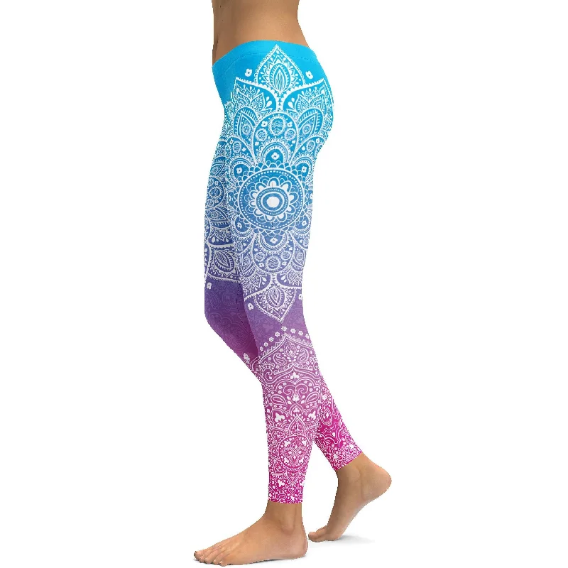 Flattering Yoga Pants for Women -Blue to Pink Mandala Leggings