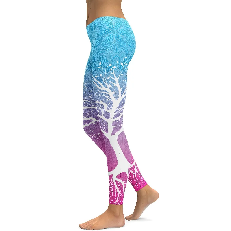 Yoga Pants for Building Strength and Flexibility -Blue to Pink Tree of Life Leggings
