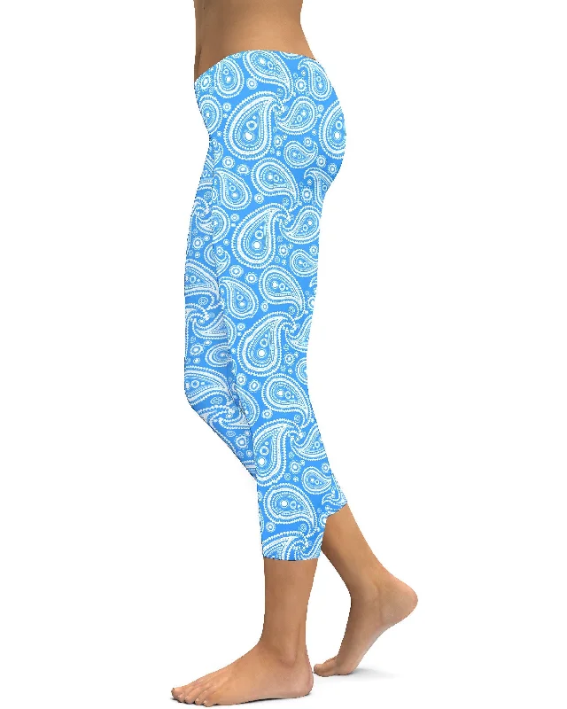 Yoga Pants for Strength and Flexibility -Blue & White Paisley Capris