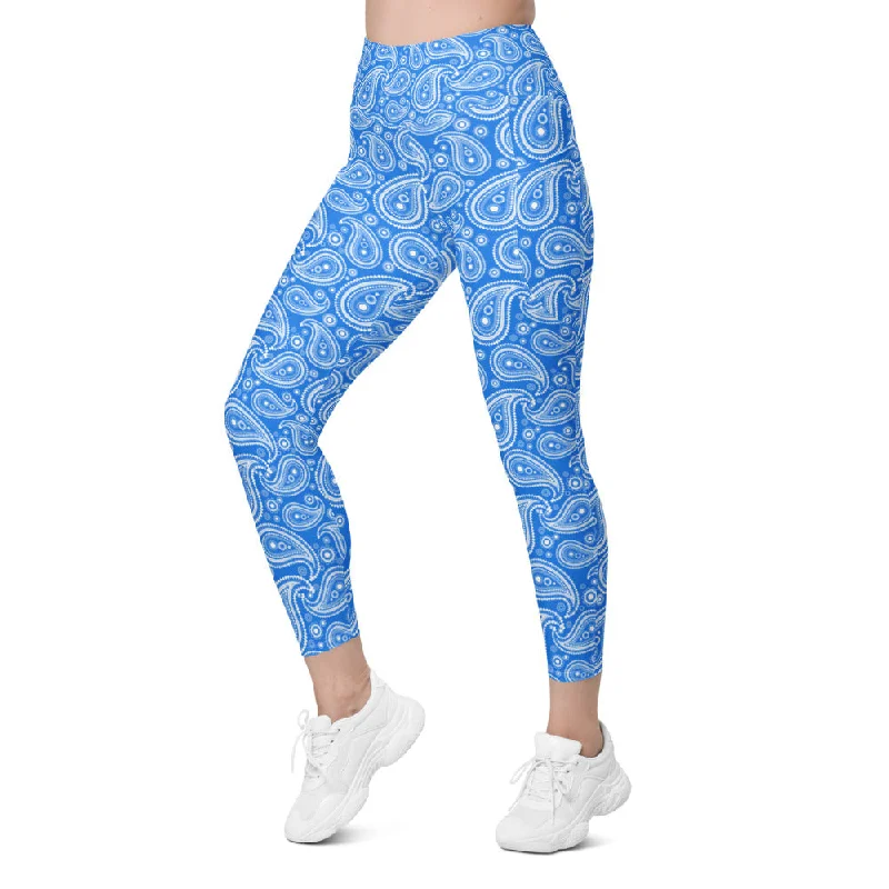 Flattering Yoga Pants for All Body Types -Blue & White Paisley Leggings with Pockets