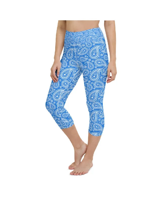 Best Yoga Pants for Women -Blue & White Paisley Yoga Capris