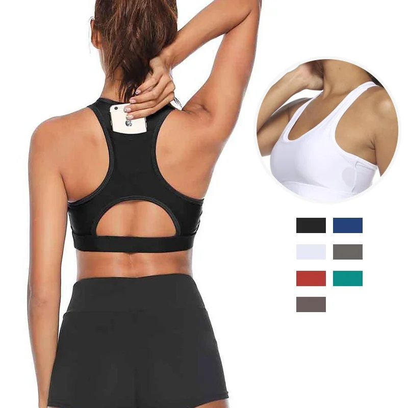 Yoga Tops for Easy Movement and Comfort -Body-building beauty back insertion mobile phone yoga bra sports lingerie