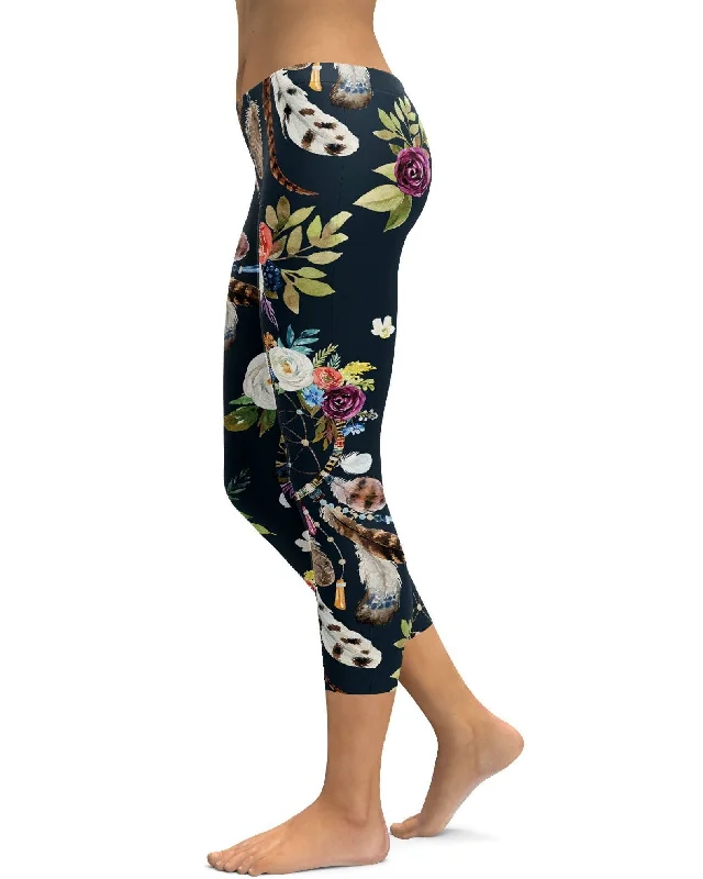 Stretchable Yoga Pants for Women -Boho Dreamcatcher and Flowers Capris