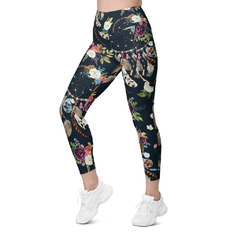 High Performance Yoga Pants for Women -Boho Dreamcatcher and Flowers Leggings with Pockets