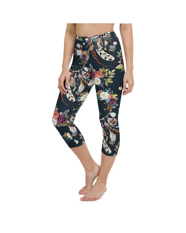 Seamless Yoga Pants -Boho Dreamcatcher and Flowers Yoga Capris