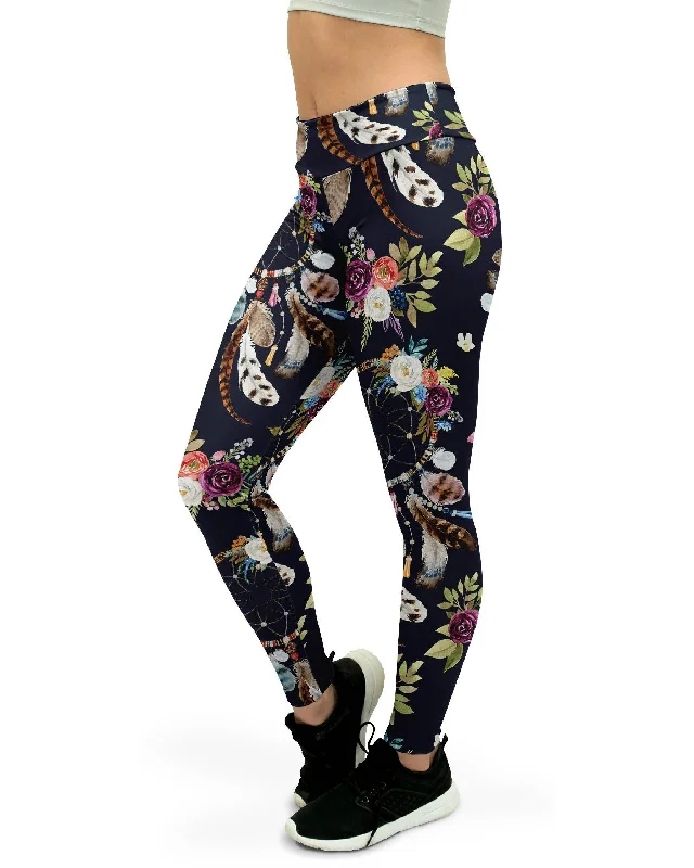 Yoga Pants for Yoga and Pilates Classes -Boho Dreamcatcher and Flowers Yoga Pants