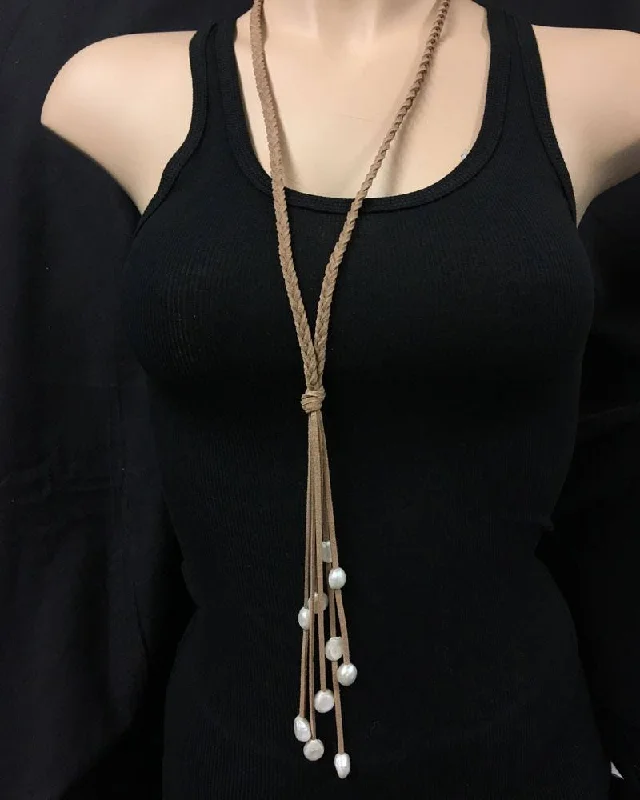Yoga Shorts for Yoga and Strength Workouts -Braided Leather Freshwater Pearls and Tassel Necklace Tan Yoga Shorts for Yoga and Strength Workouts -Braided Leather Freshwater Pearls and Tassel Necklace Tan
