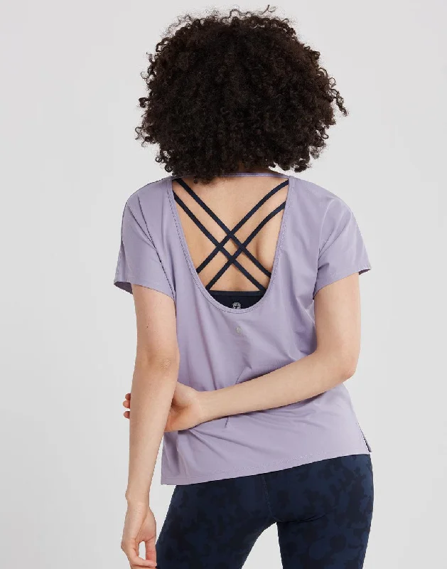 Loose Yoga Tops for Flexibility -Breathe Open Back Tee in Lilac