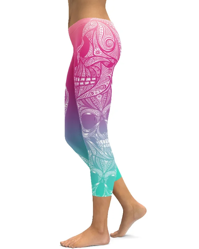 Tight Fit Compression Yoga Pants -Bright Ornamental Skull Capris