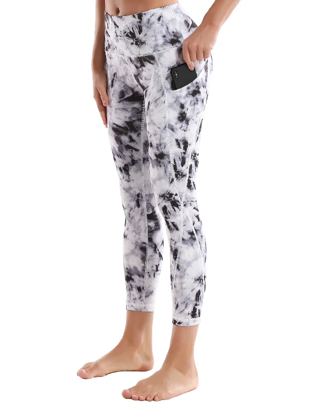 Black Yoga Pants -22" Printed Side Pockets Capris black dandelion
