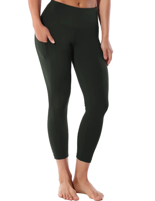 High-Waisted Leggings for Yoga -22" High Waist Side Pockets Capris olivegray