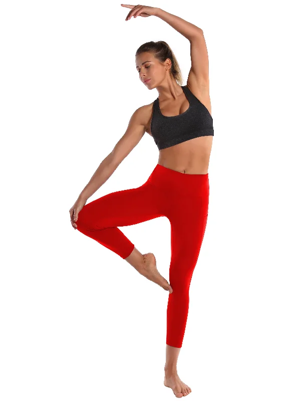 Best Yoga Pants for Stretching -22" High Waist Side Pockets Capris scarlet