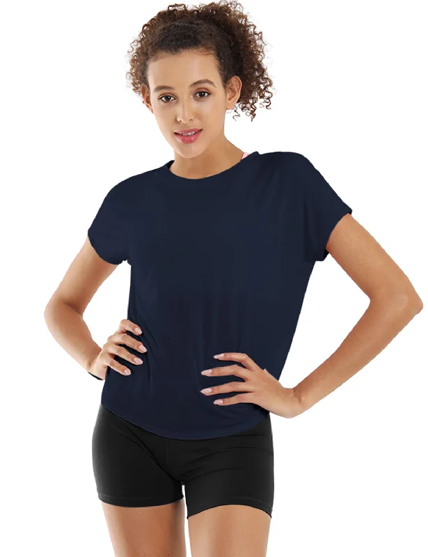 Yoga Tops with Breathable Fabric for Hot Weather -Hip Length Short Sleeve Shirt darknavy Yoga Tops with Breathable Fabric for Hot Weather -Hip Length Short Sleeve Shirt darknavy