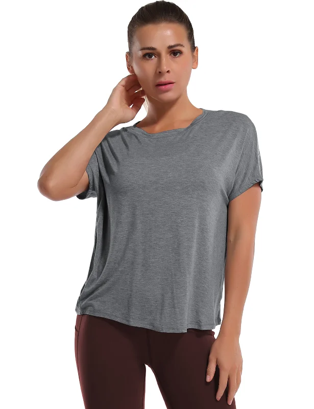 Women's Yoga Tops with High Stretch for Flexibility -Hip Length Short Sleeve Shirt heathercharcoal Women's Yoga Tops with High Stretch for Flexibility -Hip Length Short Sleeve Shirt heathercharcoal