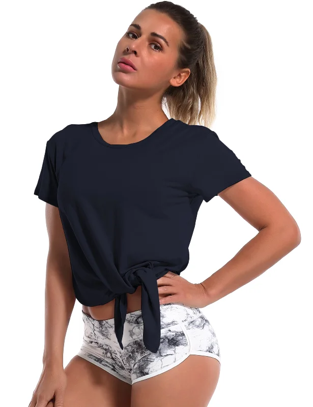 Long Sleeve Yoga Tops for Winter -Tie Up Crop Top Short Sleeve T-Shirt darknavy