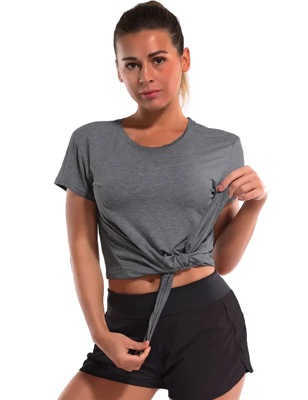 Yoga Tops for Yoga and Pilates Workouts -Tie Up Crop Top Short Sleeve T-Shirt heathercharcoal Yoga Tops for Yoga and Pilates Workouts -Tie Up Crop Top Short Sleeve T-Shirt heathercharcoal