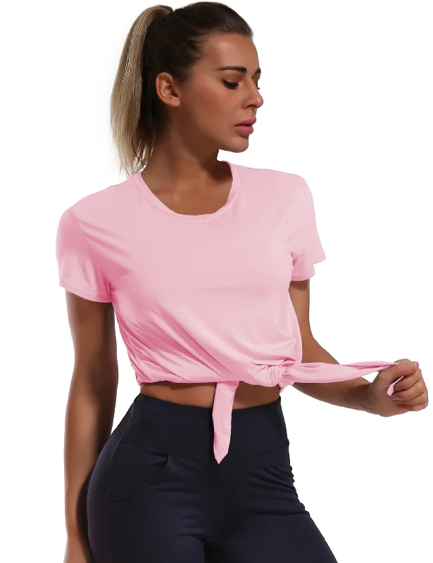 Loose-Fitting Yoga Tops -Tie Up Crop Top Short Sleeve T-Shirt lightpink