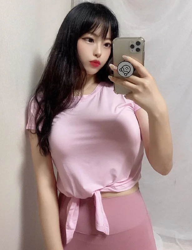 Soft Yoga Tops for Women -Tie Up Crop Top Short Sleeve T-Shirt lightpink ins