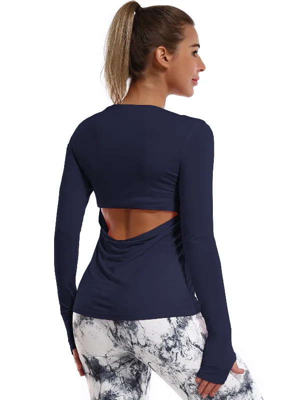 Women's Yoga Tops for Pilates and Flexibility -Open Back Long Sleeve Tops darknavy